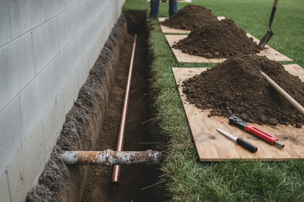 Excavated water line trench during Water Softener Installation in Skippers